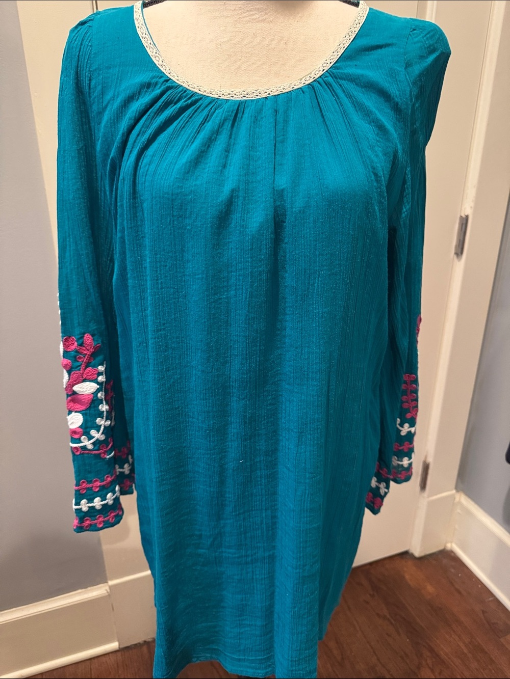 Umgee Teal Long Sleeve Tunic Dress with Pink & White Sleeve Embroidery